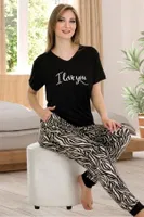 V Yaka Siyah Leopar Desenli Kısa Kollu Pijama Takımı Lady 12548 Siyah detay görünüm