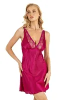 V Yaka Vişne Kısa Saten Gecelik Ahu Primoda 8205 Fuşya