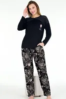 Viskon Çiçek Desenli Uzun Kollu Omuzları Dantel Lady Pijama Takımı 11678 Siyah detay görünüm