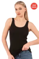 Viskon Kaşkorse Dantelli Esnek Yumuşak Kalın Askılı Kadın Örme Atlet Özkan 27075  Siyah görsel 5