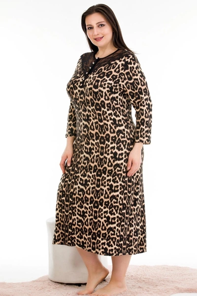 Viskon Kumaş Leopar Desenli Düğmeli Yaka Büyük Beden Anne Gecelik Elbise Lady 7244