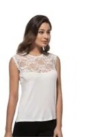 Viskon Yakası Dantelli Premium Sıfır Kol Örme Kadın Bluz Özkan 7365  Beyaz görsel 8
