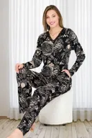 Viskon Yaprak Desenli Önden Düğmeli Uzun Kollu Lady Pijama Takımı 11653 Siyah