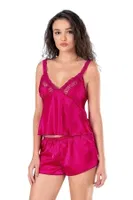Vişne Saten Babydoll Şort Takımı Ahu Lingerie Primoda 9130 Bordo detay görünüm