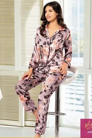 XSES Vizon Gömlek Yaka Çiçekli Saten Empirme Pijama Çeyiz Seti XSES 2000