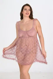 Ahu Lingerie Vizon Tül Dantel Tranparan Büyük Beden Gecelik Ahu Primoda 3044