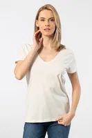 Kısa Kollu Pamuklu Derin V Yaka Wtshirt Milano Tshirt Krem