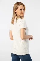 Kısa Kollu Pamuklu Derin V Yaka Wtshirt Milano Tshirt Krem farklı açı