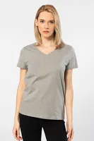 V Yaka Düz Kısa Kollu Wtshirt Venice Kadın Tshirt Gri