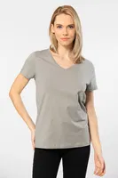 V Yaka Düz Kısa Kollu Wtshirt Venice Kadın Tshirt Gri detay görünüm