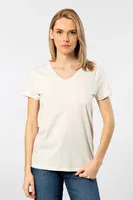 Pamuklu Wtshirt Venice Kısa Kollu V Yaka Kadın Tshirt Krem