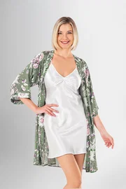 Ahu Lingerie Yakası Büzgülü Gecelik 2Li Kısa Sabahlık Takımı Ahu Loriva 1961