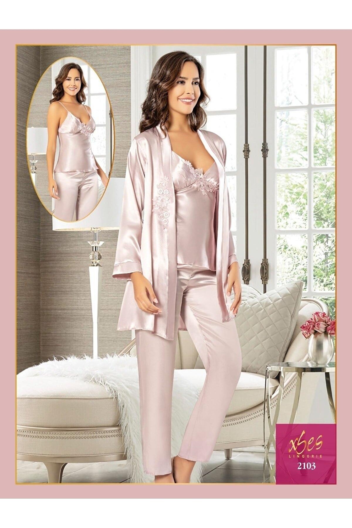 Yakası Çiçekli Saten 3Lü Sabahlık Pijama Çeyiz Seti XSES 2103