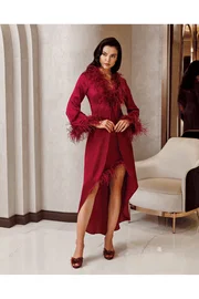 İmaj Yakası Kolları Tüylü 2li Saten Gecelik Takımı İmaj 4225