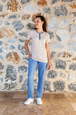 Yan Cepli Düğmeli Desenli Kadın T-Shirt Pijama Takımı Doreanse 24Y4004