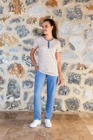 Yan Cepli Düğmeli Desenli Kadın T-Shirt Pijama Takımı Doreanse 24Y4004