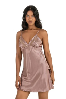 Ahu Lingerie Yandan Yırtmaçlı Vizon Kısa Saten Gecelik Ahu Primoda 8211 