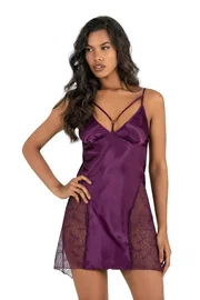 Ahu Lingerie Yanları Transparan Mor Kısa Saten Gecelik Ahu Primoda 8233