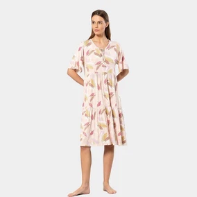 Türen Yakası Bağlamalı Yaprak Desenli Kısa Kollu Kadın Elbise Türen 3354