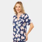 Kısa Kollu Gömlek Yaka Yaprak Desenli Kadın Pijama Takımı Türen 3355 Lacivert görsel 4