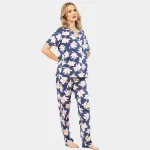 Kısa Kollu Gömlek Yaka Yaprak Desenli Kadın Pijama Takımı Türen 3355 Lacivert