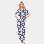 Kısa Kollu Gömlek Yaka Yaprak Desenli Kadın Pijama Takımı Türen 3355 Lacivert farklı açı