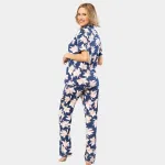 Kısa Kollu Gömlek Yaka Yaprak Desenli Kadın Pijama Takımı Türen 3355 Lacivert detay görünüm
