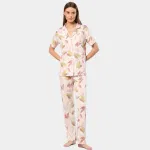 Yaprak Desenli Kısa Kollu Gömlek Yaka Kadın Pijama Takımı Türen 3355 Pudra
