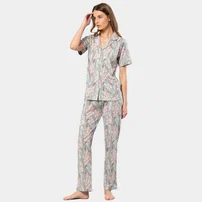 Türen Yaprak Desenli Kısa Kollu Gömlek Yaka Pijama Takımı Türen 3395