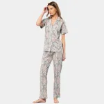 Yaprak Desenli Kısa Kollu Gömlek Yaka Pijama Takımı Türen 3395 Gri