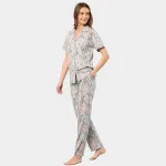 Yaprak Desenli Kısa Kollu Gömlek Yaka Pijama Takımı Türen 3395 Gri detay görünüm