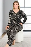 Yaprak Desenli Uzun Kollu Düğmeli Büyük Beden Pijama Takımı Lady 11376 Siyah
