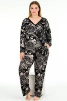 Yaprak Desenli Uzun Kollu Düğmeli Büyük Beden Pijama Takımı Lady 11376 Siyah detay görünüm
