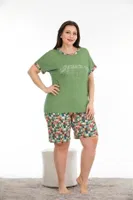 Yeşil Büyük Beden Desenli Yuvarlak Yaka Kısa Kol Şortlu Pijama Takımı Lady 10390 Yeşil