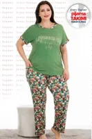 Yeşil Desenli Yazlık Büyük Beden Pijama Takımı Lady 10935 Yeşil