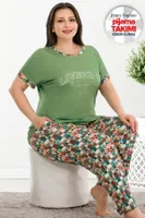 Yeşil Desenli Yazlık Büyük Beden Pijama Takımı Lady 10935 Yeşil detay görünüm