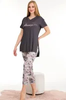 Yeşil Viskon Kumaş Desenli Kısa Kollu Rahat Kesim Kapri Pijama Takımı Lady 12062 Yeşil