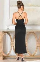 Yırtmaçlı Çapraz Askılı Dekolteli Uzun Seksi Saten Elbise Pink Night 5518 Siyah detay görünüm
