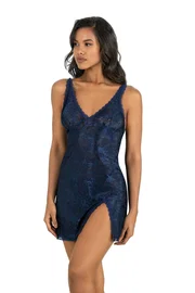 Ahu Lingerie Yırtmaçlı Lacivert Kısa Saten Gecelik Ahu Primoda 8222