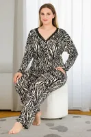 Zebra Desenli Uzun Kollu Düğmeli Büyük Beden Viskon Lady Pijama Takımı 11377 Siyah