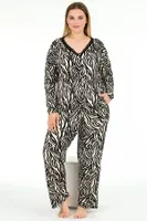 Zebra Desenli Uzun Kollu Düğmeli Büyük Beden Viskon Lady Pijama Takımı 11377 Siyah detay görünüm