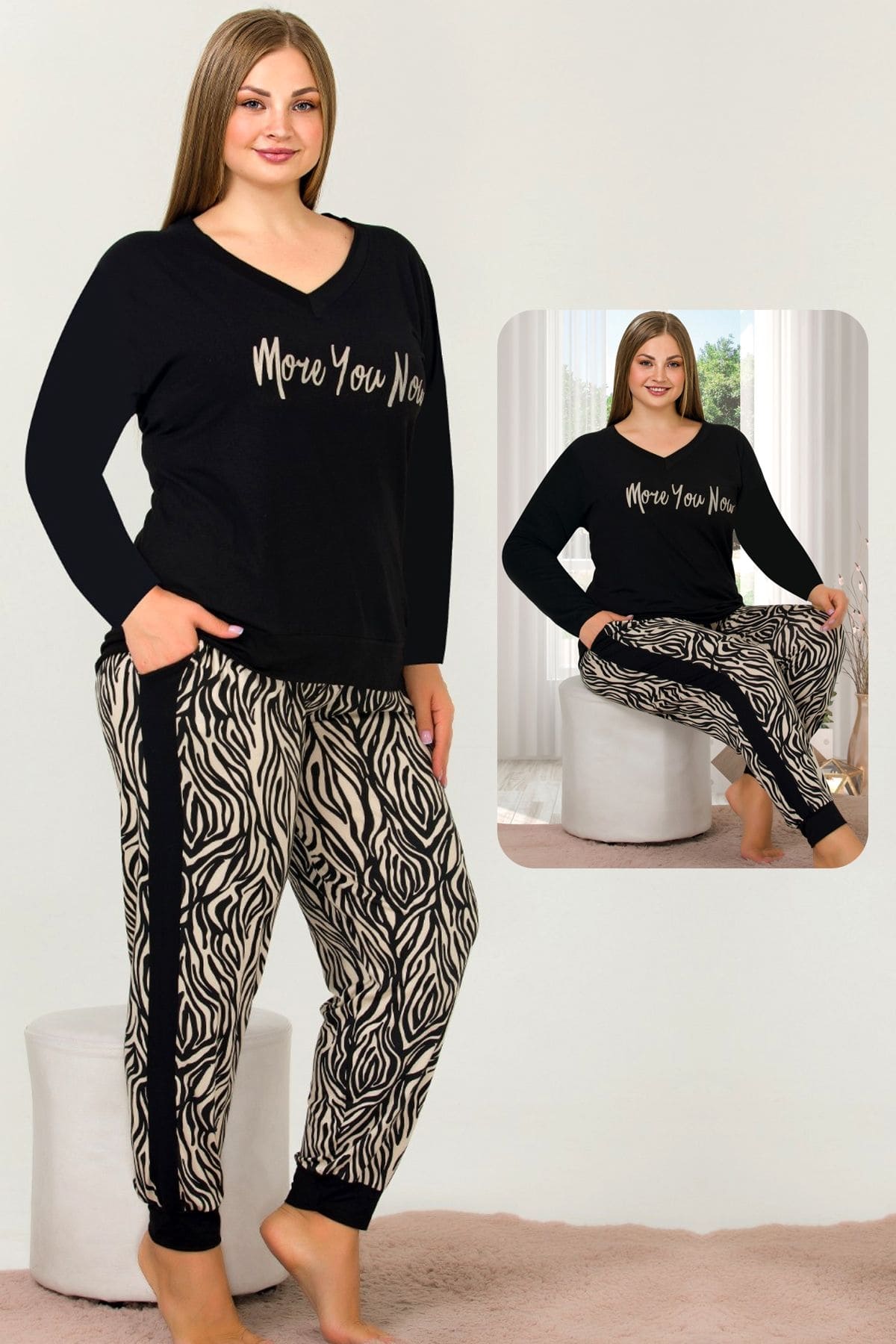 Zebra Pijama Uzun Kollu V Yakalı Viskon Lady Pijama Takımı 11397