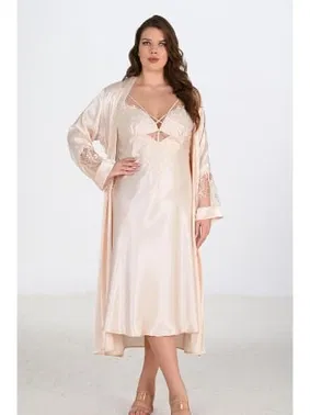 Ahu Lingerie 2li Büyük Beden Fildişi Gecelik Sabahlık Takımı Bigsize Ahu 6222