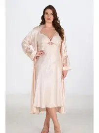 Ahu Lingerie 2li Büyük Beden Fildişi Gecelik Sabahlık Takımı Bigsize Ahu 6222