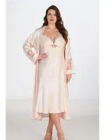 2li Büyük Beden Fildişi Gecelik Sabahlık Takımı Bigsize Ahu 6222 Bej