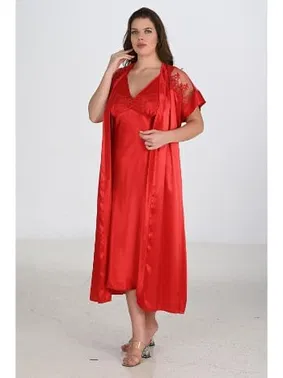Ahu Lingerie 2li Büyük Beden Kırmızı Sabahlık Gecelik Takımı Bigsize Ahu 6226
