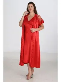 Ahu Lingerie 2li Büyük Beden Kırmızı Sabahlık Gecelik Takımı Bigsize Ahu 6226