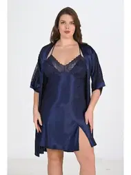 Ahu Lingerie 2li Büyük Beden Lacivert Sabahlık Takımı Bigsize Ahu 6215