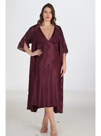 Ahu Lingerie 2li BÜyük Beden Mürdüm Gecelik Sabahlık Takımı Bigsize Ahu Lingerie 6223