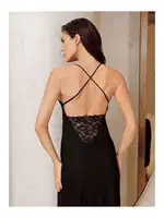 2li Dantelli Derin Yırtmaçlı Saten Gecelik Takımı İmaj 4220 Siyah farklı açı